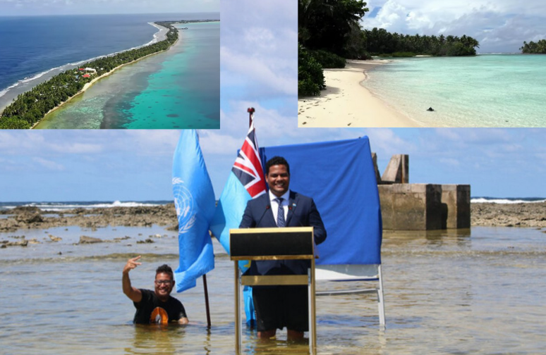 Il ministro degli Esteri di Tuvalu durante il discorso sui cambiamenti climatici per la COP26 mentre è in piedi in mare
